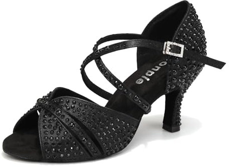 Uonpie Scarpe da Ballo Latino Donna con Strass Salsa Bachata Tango Performance Nero Scarpe Ballo da Sala, 37.5 EU