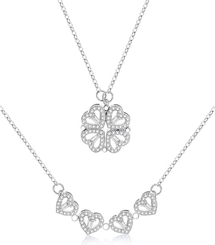 Mingkeda Vierblättrige Kleeblatt-Halskette, faltbar, für Damen, 925er Sterlingsilber, glitzernder Zirkonstein, vier Herzen, Gras, Damen-Halsketten, Crocker, Retro, magnetisch, faltbarer