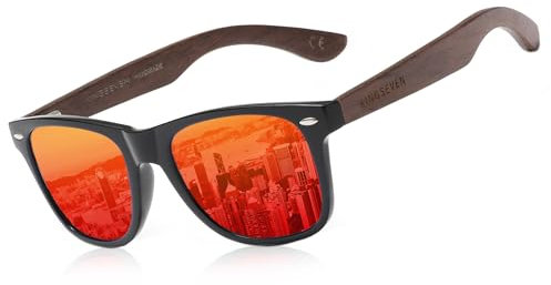 KINGSEVEN Neue schwarze Walnuss-Sonnenbrille, Holz, polarisierte Sonnenbrille, Herrenbrille, handgefertigt, UV400-Schutz, Brillen, Retro-Lederbox (Rot)