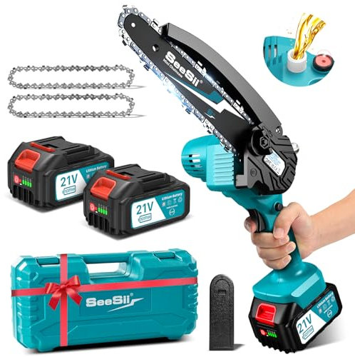 Seesii Mini Motosierra Eléctrica Inalámbrica de 6 Pulgadas con Inyector Lubricante y 2 Baterías, Mini Sierra de Cadena Eléctrica Recargable, 2 Cadenas