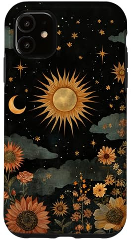 Vintage Boho Celestial Floral Sun Moon Stars Painting Art Case for iPhone 11