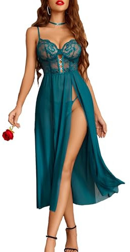 Avidlove Ensemble de Lingerie Sexy pour Femme en Dentelle et Maille Nuisette col en V sous-vêtements Corsage Chemise de Nuit Longue vêtements de Nuit Fente latérale déshabillé