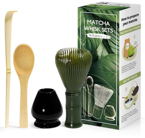 Kit da Cerimonia giapponese Matcha 4 Pezzi, Frusta Matcha Verde in Resinoso, Cucchiaio in Bambù, Paletta in Bambù, Porta Frullino, Matcha Set per la bevanda - Nero lucido