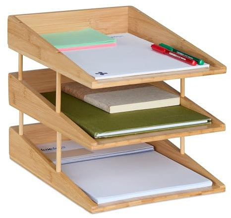 Relaxdays Briefablage, 3 Fächer, aus Bambus, DIN A4 Größe, stapelbare Dokumentenablage, für Schreibtisch und Büro, natur