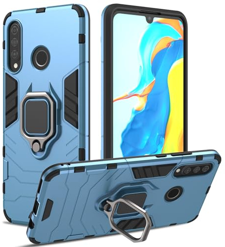 RIIMUHIR Hülle für Huawei P30 lite, Panzerhülle mit 360° Metall Ring Ständer, Kratzfestes Stoßfest Hart Handyhülle, Armor Hülle mit Kameraschutz (Blau)