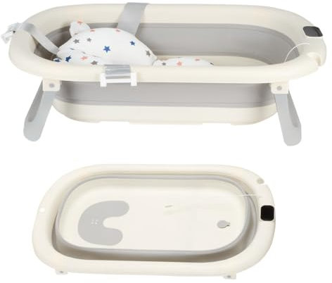 OHMG Bañera Bebe, Bañera Plegable Bebé, Bañera Bebé Con Termómetro Digital, Cojín De Baño, Bañera Bebe Plegable, Compacta Portátil Con Bandeja De Almacenamiento (B-Gris-43 x 71 x 18,5 cm)