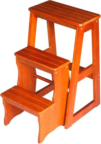 Escaleras de metal con accesorios, taburete plegable de madera, taburete de escalera para interiores, taburete portátil para biblioteca, ático, cocina, casa de renovación (color madera)