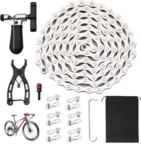 Bike Chain, 6/7/8 Speed Bicycle Chain Link Removal Tool, 12 PCS Mountain/Road Cycling Maintenance Tools Kit, with Bike Parts Bike Chains for Road Mountain Racing Cycling (1/2 x 3/32 inch 116 Links)