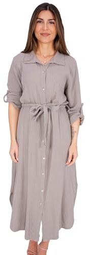 Seasons of April Musselin Kleid mit Knopfverschluss und Bindegürtel aus 100% Baumwolle, Leicht & Locker, One Size - Victoria (Taupe)