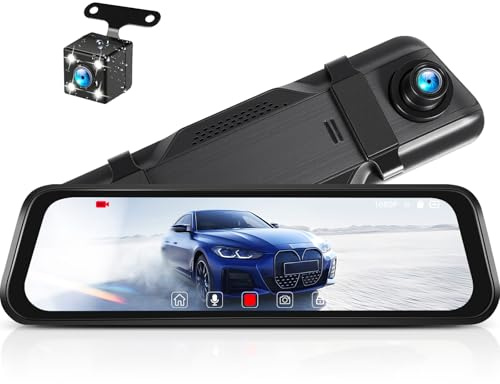 CAMECHO 1080P Rückspiegel 9.66 Zoll Spiegel-Dashcam Auto mit Nachtsichtkamera, 150° Front- und 120° Heck-Dashcam mit Rückfahrlinie, Loop-Aufnahme, Einstellbarer Winkel