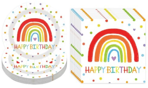 40 Stück Servietten Geburtstag,Happy Birthday Regenbogen Servietten 33x33cm | Papierservietten Regenbogen Deko, Pappteller Set Kindergeburtstag Tischdeko für 20 Gäste Mädchen Jungen