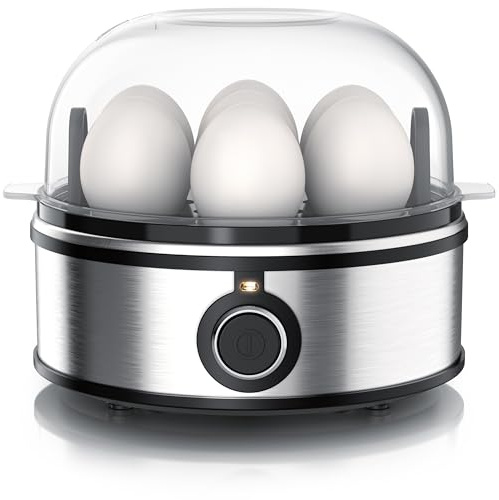 Arendo - Eierkocher für 1 bis 7 Eier - 3 Härtegrade wählbar - aus Edelstahl - Warmhaltefunktion - BPA-Frei & Spülmaschinenfest - Einsatz für pochierte Eier, Omelette-Einsatz