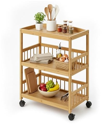 Relaxdays Küchenwagen, Bambus, 3 Ablagen, für Gewürze & Vorräte, HxBxT: 80 x 53 x 30 cm cm, schmaler Rollwagen, Natur