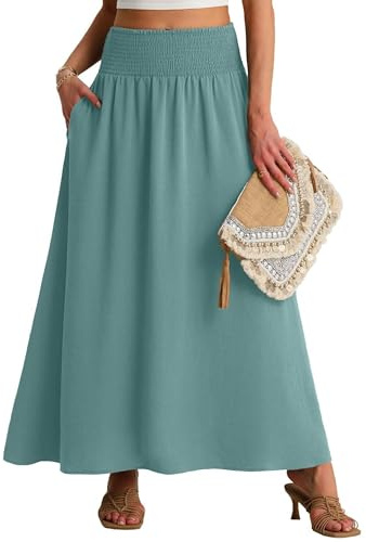 QIXING Damen Sommerrock Lang A-Linie Smocked Hohe Taille Swing Plisseerock mit Taschen Boho Maxirock