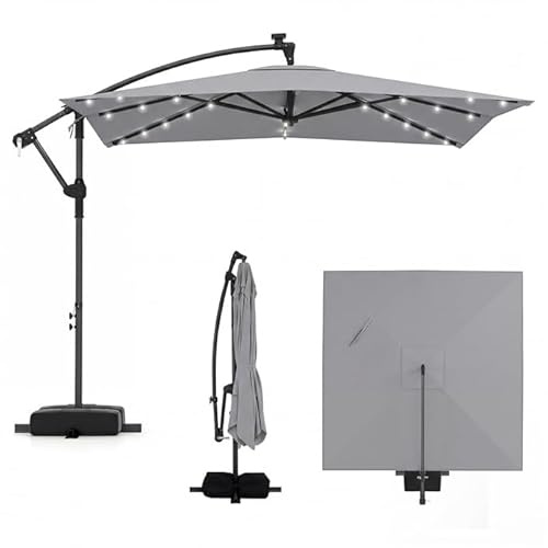 COSTWAY Parasol Déporté 2,5 x 2,5 m, 32 LED Solaire, Parasol de Jardin Extérieur Carré Rotation à 360°, Anti-UV, Manivelle, 8 Baleines, 2 Sacs de Sable, pour Balcon Jardin Terrasse (Gris)