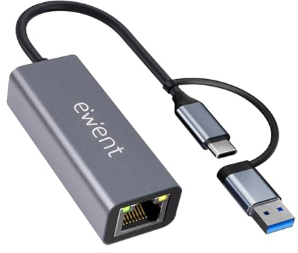 Ewent USB-C auf RJ45 Ethernet Adapter Gigabit 1000 Mbit/s, USB-C und USB-A, 15 cm Kabel, kompaktes Aluminiumgehäuse, Plug & Play für PC, Laptop und Tablet, Windows, macOS, Linux, ChromeOS