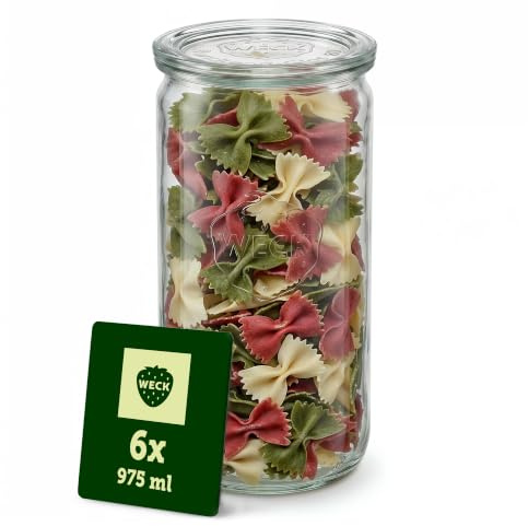Weck Gläser 975ml – 6er Set mit Deckeln – Zylinderform – robuste, stapelbare Vorratsgläser- & Einweckgläser - Glasbehälter ideal für Meal Prep, Sauerteig & Fermentieren – Made in Germany