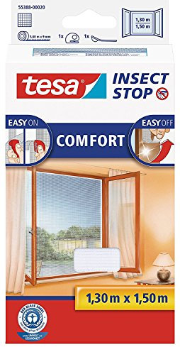 tesa Insect Stop Comfort Fliegengitter für Fenster/Insektenschutz mit Selbstklebendem Klettband in Weiß / 130 cm x 150 cm 1 Karton (5 Stück)
