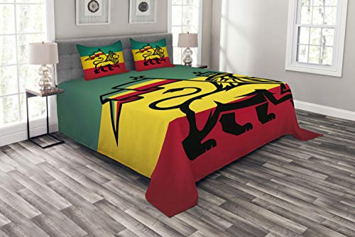 ABAKUHAUS Rasta Tagesdecke Set, Judah Lion Rastafari Flagge, Set mit Kissenbezügen Moderne Designs, für Doppelbetten 264 x 220 cm, Schwarz-Grün-Gelb und Rot