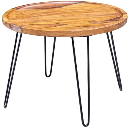FineBuy Couchtisch Sheesham Massivholz 60x45x60 cm Wohnzimmertisch Rund, Sofatisch mit Haarnadelbeine, Kaffeetisch aus Holz und Metall