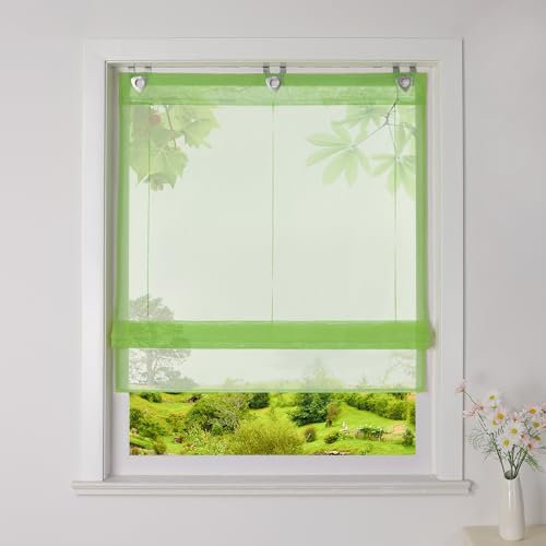 Heichkell Voile Raffrollo ohne Bohren Transparente Raffgardine mit U-Haken Unifarbiges modernes Ösenrollo Grün H*B 150 * 60cm