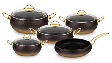 OMS Cookware 9 Piece Non Stick Granite Copper Set Glass Lids Black Gold Casserole Pan Pot Frying Pan - Essential, Pots and Pans Set - Made in Turkey