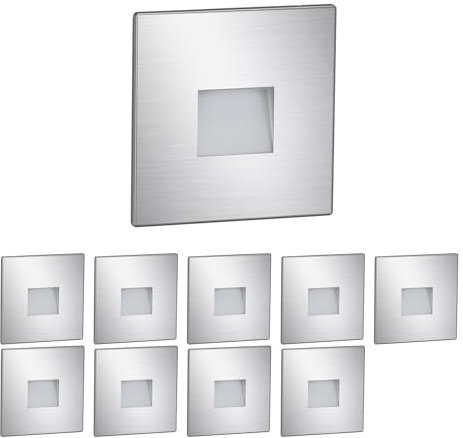 ledscom.de 10 Stück LED Treppenlicht/Wandeinbauleuchte FOW für innen und außen, Downlight, eckig, edelstahl, 85 x 85mm, kaltweiß