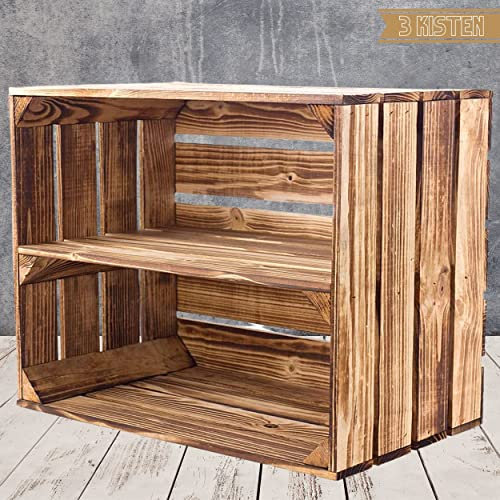 Truhenking 3er Set geflammte Kiste für Schuhregal und Bücherregal - Obstkiste flambiert mit Mittelbrett längs - Holzkiste aus dem Alten Land - massiv stabil - Kistenregal Obstkistenregal 50x40x30cm