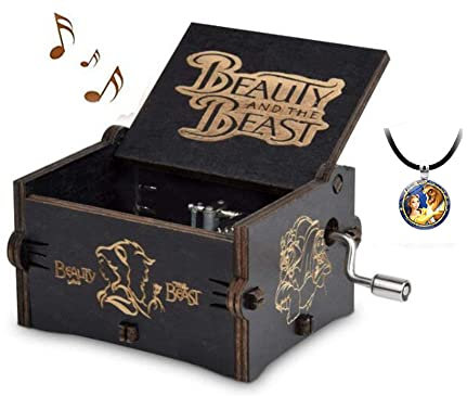 Caja de música de manivela de madera con collar de belleza y la bestia, cajas musicales, regalo de cumpleaños