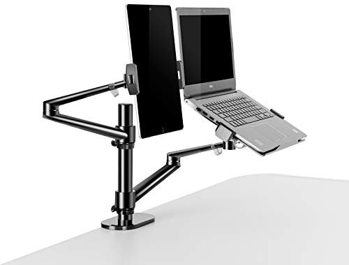 Thingy Club 2 in1 Dual Arm Tablet & Laptop Mount, Height Adjustable Desk Mount Stand for up to 7''-13'' tablet and 12-17 inch Laptop, Extra VESA Adopter up to 27'' monitor (Black)