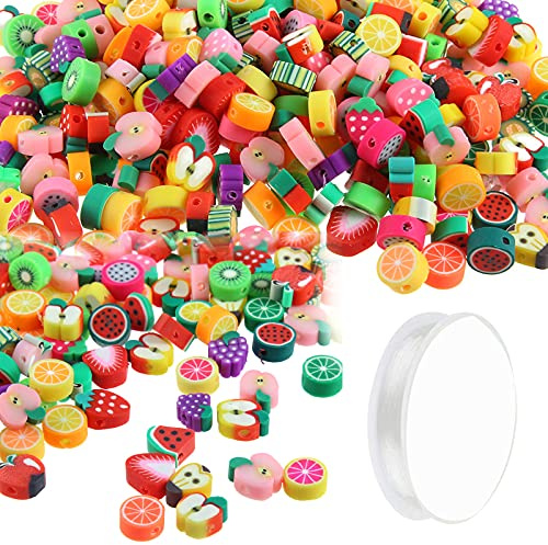 100 Pcs Multicolored Fruits Beads Polymer Clay Fruit Spacer Beads with Crystal Rope for DIY Jewelry Accessories Bracelet Necklace Earrings Craft Making