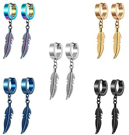Bo Win 5 Paare Titan Edelstahl Creolen Ohrringe Feder für Herren Damen, Ohrringe Herren Schwarz, Ohrringe Männer Creolen, Ohrringe Gold Hängend, Silber Ohrringe Creolen mit Anhänger Herren Damen Set