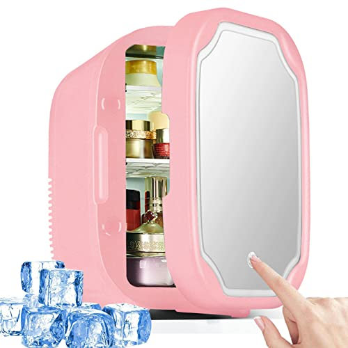 Yadlan Portable Mirrored Beauty Fridge with LED Lighting, 8 Liter Mini Refrigerator for Skin care with AC/DC Powered, Makeup Cooler and Warmer for Cars Homes Offices and Dorms(Color:Pink)