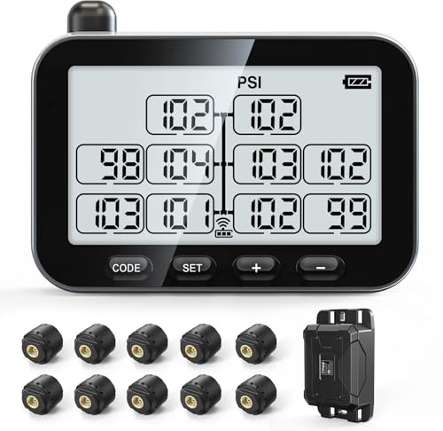 GUTA Trailer Tire Pressure Monitoring System, RV TPMS with 10 Sensors, 6 Alert Modes, Signal Booster, Power Saving Display, Long Sensing Distance, for 3 Trailers (T1/T2/T3), for Camper, Motor Homes