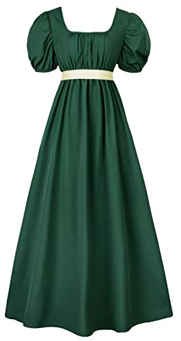 FRIUSATE Robe régence verte, robe Renaissance, robe régence pour femme, costume avec ceinture taille empire, robe longue à volants et manches bouffantes pour fêtes, mariages et gala, vert foncé, XL
