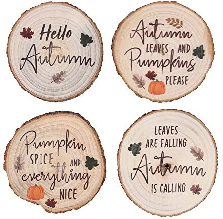 Jones Home & Gift Set of 4 Natural Log Slice Hello Autumn Design Wood Coasters | Wooden Drinks Coaster Set - Cup Mug Table Mats Dining Deco, Multicolor, 10cm x 10cm x 1.2cm