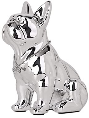 SHENGTIAN Französische Bulldogge Deko Statue – Harz Hundeskulptur mit Silber Halskette – Deko Figur für Wohnzimmer, Büro, Flur und Schlafzimmer(plattiert Silber,31cm)
