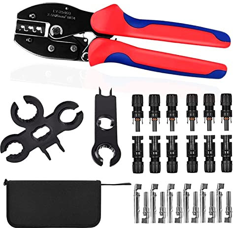 OBLLAR Solar Crimping Tool Cavo Connettore, con 6pcs Maschio Connettore Solare Femminile + 2pcs Chiave Chiave Chiave + 1pcs Filo Crimpatore + 1pcs Tool Kit per 2.5/4/6mm² Filo Solare PV
