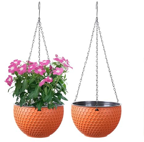 YuanDiann Hängende Blumentöpfe 2er Set, Selbstbewässerung Hängepflanztöpfe mit Wasserspeicher & Ablaufloch Bienenwabe Blumenampel mit Rostfrei Ketten für Innen Außen Decken Balkone Deko Rot S