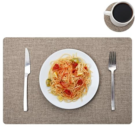 Leather Placemats and Coaster Sets 6, Large Table Mats, Waterproof & Heat Resistant Place Mats(Brown)