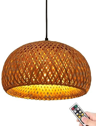 Battery Operated Rattan Pendant Light Fixture with Remote,Wireless Ceiling Hanging Light,No Wiring Pendant Lighting Bamboo Wicker Chandelier Hanging Lamp for Kitchen Island Living Room Dining Room (C