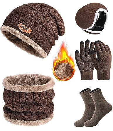 Vijamiy Wintermütze Schal Set Herren Touchscreen Handschuhe Warme Socken und Ohrenwärmer 8er-Set, Wärme Winddicht Nackenwärmer strickmütze Für Männer und Frauen(Kaffee)