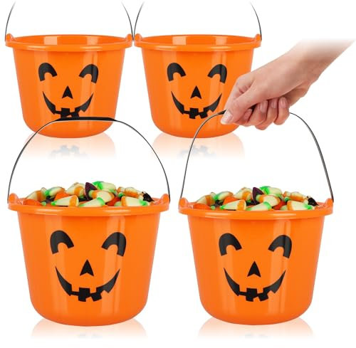 COM-FOUR® 4x Secchi di Zucca di Halloween - Secchi di plastica con design a zucca per la raccolta di dolci - Borsa di raccolta con manico per Halloween