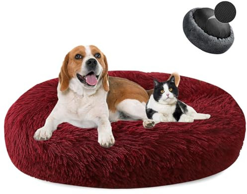 MAIFENGL Hundebett Flauschig, Donut Plüsch Katzenbett Waschbar Weicher Haustierbett für Kleine, Mittelgroße und Große Hunde, Katzen-Red Wine|| Ø100cm/39in