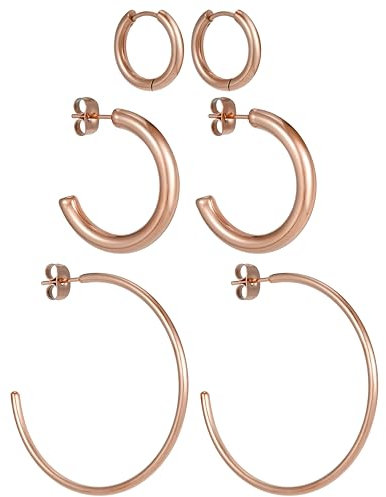 BONNYBIRD® Creolen Rosegold Set Edelstahl Groß Damen Goldene Ohrringe Breit Dünn Klein Ohrstecker Frauen Wasserfest Schmuck Vergoldet Hypoallergen Medizinischer Chirurgenstahl Nickelfrei Goldschmuck