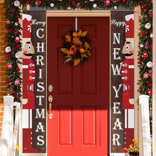 Wayyogh Christmas Nutcracker Soldier Porch Sign Banner Merry Christmas Door Banner (Christmas Nutcracker-red)