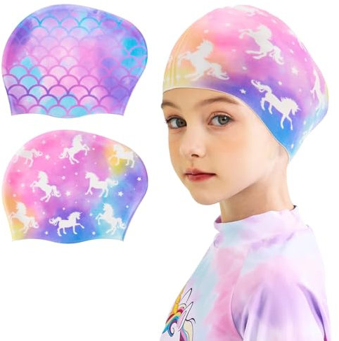2 Stück Kinder Badekappe Wasserdicht Silikon Schwimmhaube für Mädchen Jungen badehaube Kinder Badekappe für Langes und Kurzes Haar(Einhorn & Meerjungfrau)