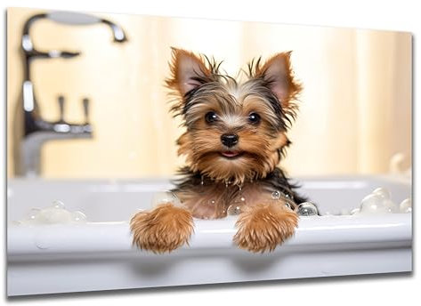 DARO Design - Toiletten-Bild auf 6mm HDF 70x50 cm Hunde-Welpe Yorkshire Terrier in der Badewanne - Wand-Deko Bilder Lustiges Geschenk