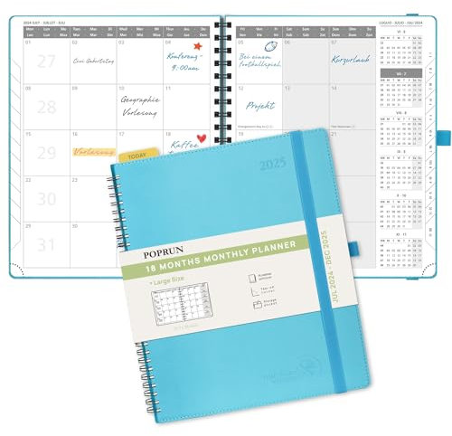 POPRUN Kalender 2025 Monatsplaner A4 (Jul.2024 - Dez.2025) - 18 Monate Monatskalender Ringbuch 26,5 x 21,5 cm - 1 Monat 4 Seiten, Softcover mit PU-Leder, 100 GSM Papier - Blaugrün