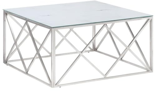vidaXL Couchtisch, Beistelltisch mit Glasplatte, Sofatisch Tisch mit Edelstahlgestell, Pflegeleicht Kaffeetisch Teetisch, Silbern Edelstahl Hartglas